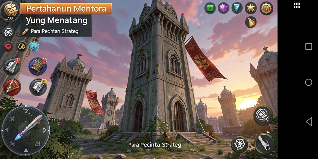 Tangkapan layar gameplay C789 yang menampilkan aksi menara pertahanan.