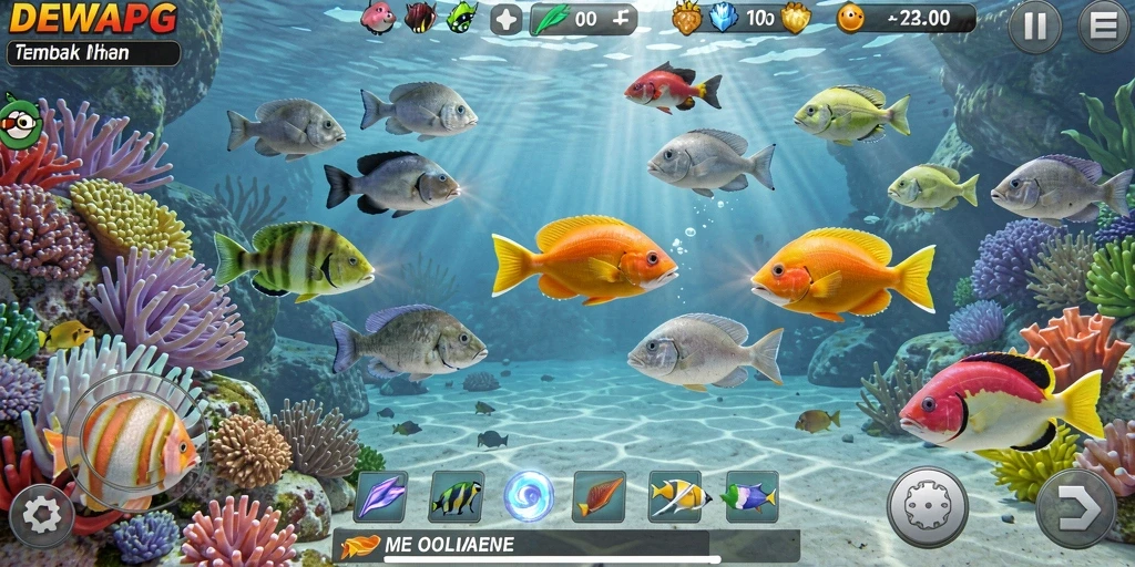 Tangkapan layar gameplay DEWAPG yang menunjukkan aksi tembak ikan yang seru.