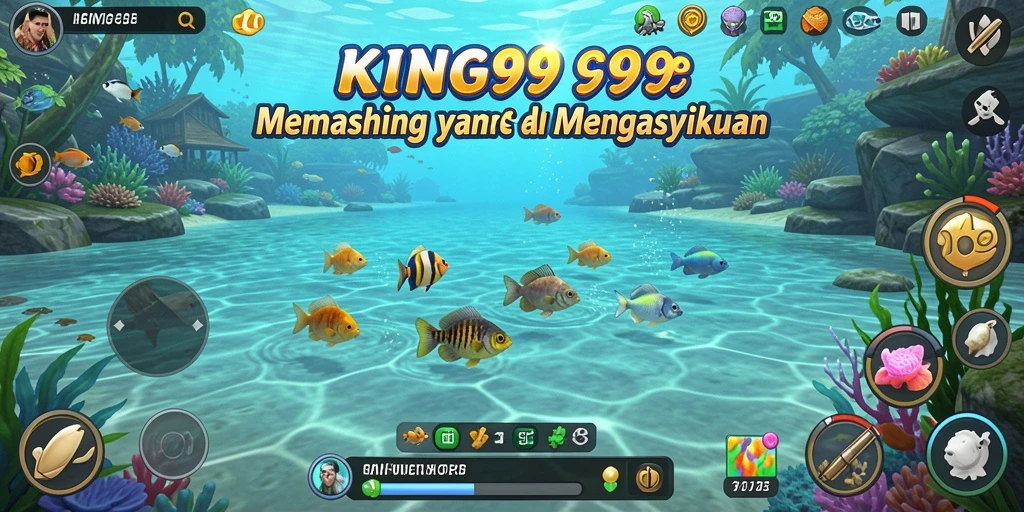 Tampilan gameplay KING999 dengan berbagai lokasi memancing yang indah.