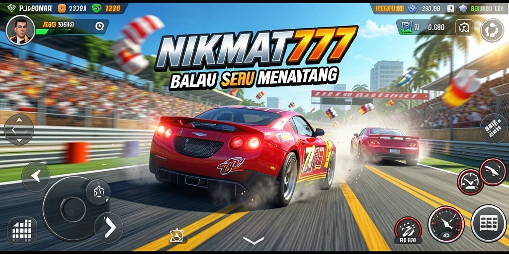 Tampilan menarik gameplay balapan <strong>NIKMAT777</strong> dengan mobil dan trek yang beragam.
