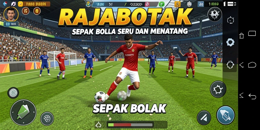 Tampilan gameplay sepak bola dalam RAJABOTAK yang mendebarkan.
