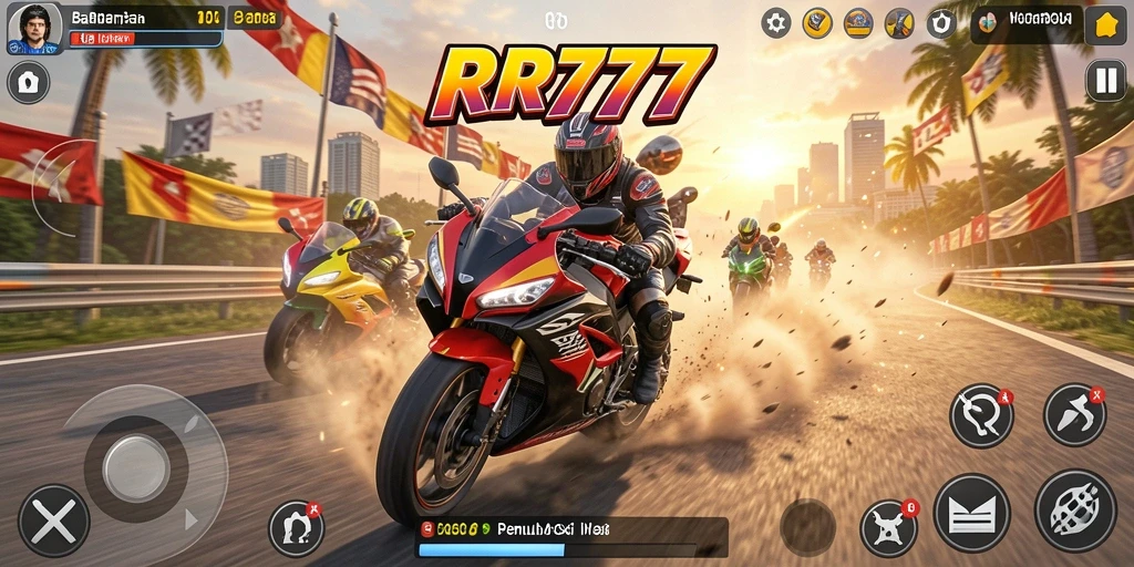 Screenshot gameplay menunjukkan balapan motor yang mendebarkan.
